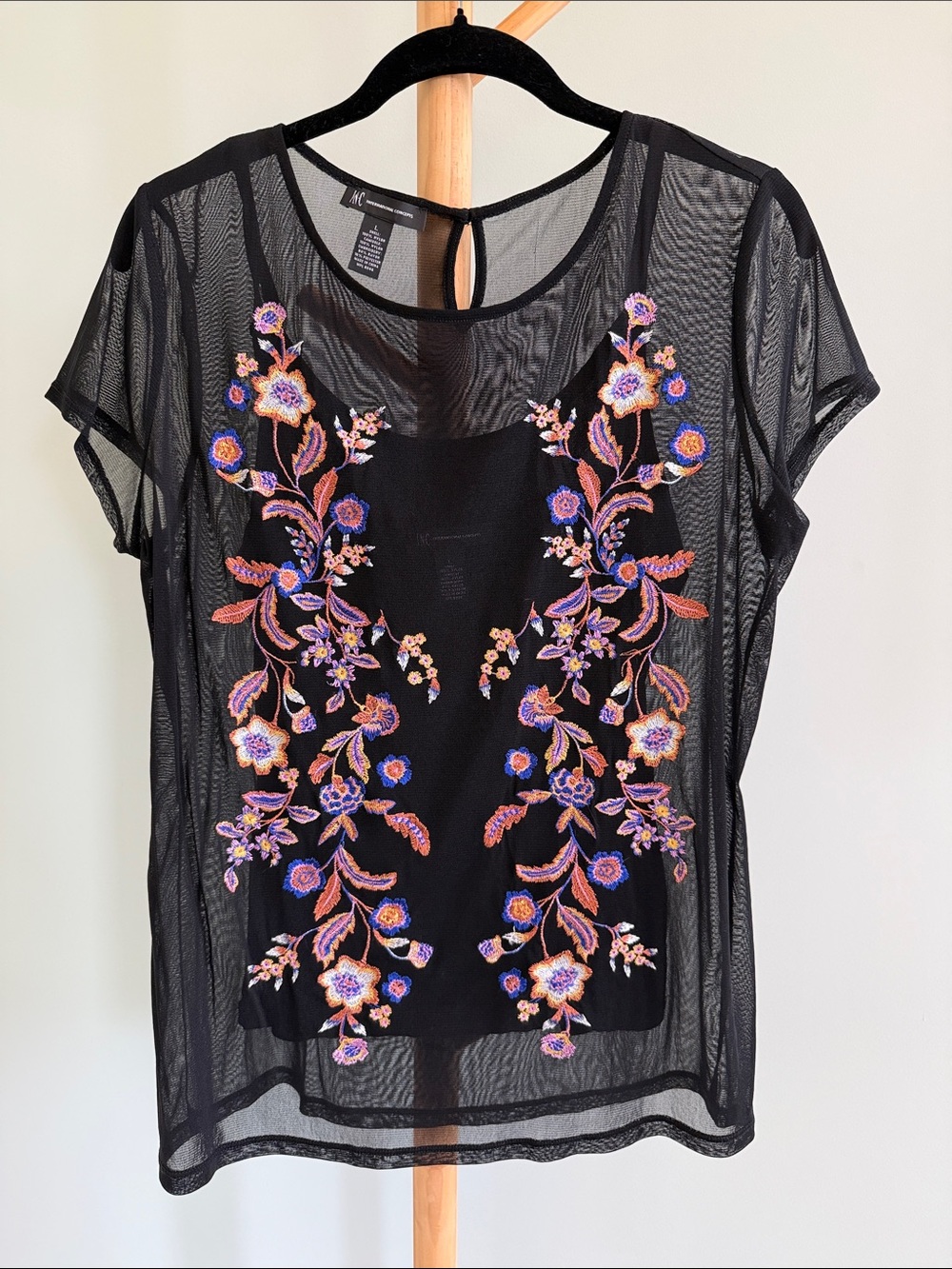 INC International Concepts Black Mesh Top with Multicolor Floral Embroidery NWOT